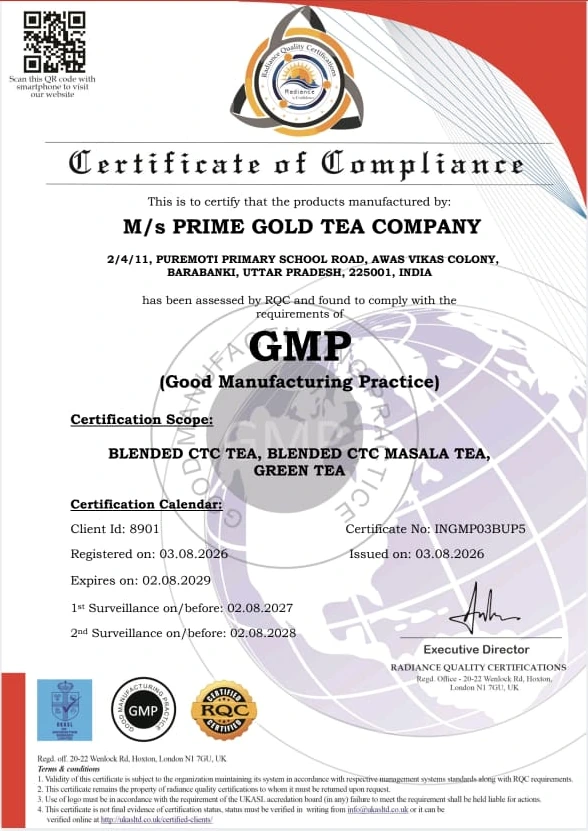 Prime Gold Tea GMP Verified certificate